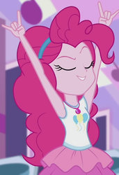 Size: 876x1280 | Tagged: safe, screencap, pinkie pie, constructive criticism, constructive criticism: pinkie pie, equestria girls, g4, my little pony equestria girls: choose your own ending, armpits, arms in the air, clothes, cropped, devil horn (gesture), eyebrows, eyes closed, female, geode of sugar bombs, hairband, jewelry, magical geodes, necklace, rah rah skirt, raised eyebrow, skirt, smiling, solo, tank top, thank you