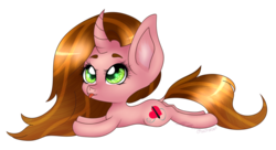 Size: 1024x557 | Tagged: safe, artist:sachanart, oc, oc only, oc:micky, pony, unicorn, chibi, female, mare, prone, simple background, solo, transparent background