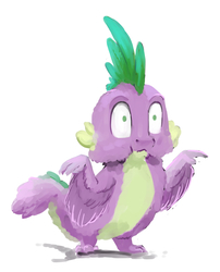 Size: 667x824 | Tagged: safe, artist:silfoe, spike, dragon, feathered dragon, g4, :3, behaving like a bird, cheek fluff, feather, feathery, fluffy, male, partially open wings, simple background, smiling, solo, wat, wide eyes, wing fluff, winged spike, wings