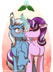 Size: 900x1202 | Tagged: safe, artist:inuhoshi-to-darkpen, starlight glimmer, trixie, pony, unicorn, g4, blushing, chest fluff, duo, eyes closed, female, glowing horn, holly, holly mistaken for mistletoe, horn, kissing, lesbian, magic, mare, mistleholly, ship:startrix, shipping, simple background, smiling, telekinesis, transparent background, unshorn fetlocks