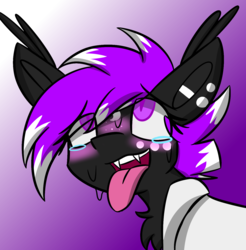 Size: 1316x1338 | Tagged: safe, artist:askhypnoswirl, oc, oc only, bat pony, pony, ahegao, bat pony oc, blushing, bust, clothes, eyes rolling back, gradient background, lab coat, open mouth, solo, tongue out