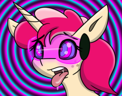 Size: 3114x2460 | Tagged: safe, artist:askhypnoswirl, oc, oc only, oc:lalalexxi, oc:lexxi, pony, unicorn, ahegao, bust, drool, high res, horn, hypnogear, hypnosis, kaa eyes, open mouth, tongue out, unicorn oc, visor