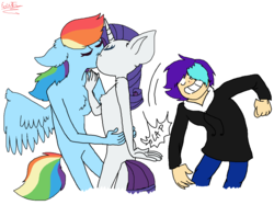 Size: 1223x915 | Tagged: safe, artist:edithpaint, rainbow dash, rarity, oc, human, pegasus, unicorn, anthro, g4, clothes, draw the squad, eyes closed, female, floppy ears, kissing, lesbian, ship:raridash, shipping, simple background, smiling, white background