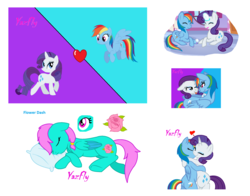 Size: 2148x1688 | Tagged: safe, artist:yazfly247, rainbow dash, rarity, oc, oc:flower dash, pegasus, pony, unicorn, g4, collage, eyes closed, female, floppy ears, flying, heart, lesbian, looking at each other, magical lesbian spawn, mare, offspring, open mouth, parent:rainbow dash, parent:rarity, parents:raridash, pillow, ship:raridash, shipping, simple background, sleeping, smiling, tongue out, white background
