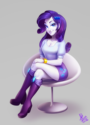 Size: 847x1183 | Tagged: safe, artist:lui-ra, rarity, equestria girls, g4, beautiful, bedroom eyes, blue eyes, boots, bracelet, breasts, chair, cleavage, clothes, crossed legs, cute, eyeshadow, female, gray background, high heel boots, jewelry, legs, looking at you, makeup, nail polish, purple hair, shirt, shoes, signature, simple background, sitting, skirt, smiling, solo
