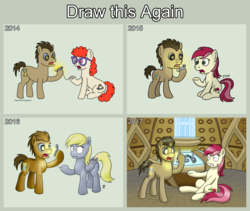Size: 2680x2260 | Tagged: safe, artist:mkogwheel, derpy hooves, doctor whooves, roseluck, time turner, twist, earth pony, pegasus, pony, g4, art evolution, doctor who, draw this again, eye reflection, female, fob watch, glasses, high res, hoof hold, male, mare, reflection, stallion, tardis