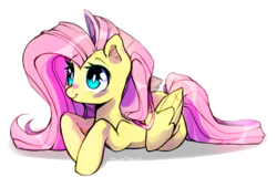 Size: 805x547 | Tagged: safe, artist:angrygem, fluttershy, pegasus, pony, g4, female, lying down, mare, simple background, smiling, solo, white background