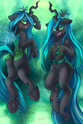 Size: 1182x1772 | Tagged: safe, artist:halley-valentine, queen chrysalis, changeling, g4, blue hair, blue tail, body pillow, body pillow design, bugbutt, butt, chrysalass, dock, female, frog (hoof), green eyes, horn, human shoulders, looking at you, looking back, looking back at you, looking over shoulder, plot, solo, stupid sexy chrysalis, tail, underhoof, wings