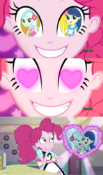 Size: 1280x2160 | Tagged: safe, edit, edited screencap, screencap, bon bon, lyra heartstrings, pinkie pie, sweetie drops, coinky-dink world, equestria girls, g4, my little pony equestria girls: rainbow rocks, my little pony equestria girls: summertime shorts, female, heart eyes, lesbian, meme, pinkie the shipper, pinkie's eyes, server pinkie pie, ship:lyrabon, shipper on deck, shipper pie, shipping, thinking, under our spell, wingding eyes