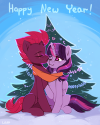 Size: 2160x2700 | Tagged: safe, artist:lispp, fizzlepop berrytwist, tempest shadow, twilight sparkle, alicorn, pony, unicorn, g4, my little pony: the movie, broken horn, christmas, christmas tree, clothes, duo, eye scar, eyes closed, female, heart, high res, holiday, horn, kissing, lesbian, mare, scar, scarf, shared clothing, shared scarf, ship:tempestlight, shipping, smiling, tree, twilight sparkle (alicorn)