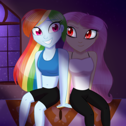 Size: 1920x1920 | Tagged: safe, artist:mlp-firefox5013, fluttershy, rainbow dash, bat pony, vampire, equestria girls, g4, bed, bedroom, clothes, female, flutterbat, lesbian, race swap, red eyes, ship:flutterdash, shipping, sitting, sports bra