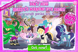 Size: 1084x721 | Tagged: safe, gameloft, screencap, discord, mane-iac, nightmare rarity, princess celestia, princess flurry heart, songbird serenade, crystal pony, pony, g4, my little pony: the movie, costs real money, crystallized, hearth's warming, nightmare grayity