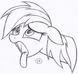 Size: 670x639 | Tagged: safe, rainbow dash, pegasus, pony, g4, my little pony: the movie, the art of my little pony: the movie, bust, female, floppy ears, grayscale, mare, monochrome, open mouth, out of context, portrait, solo, tongue out