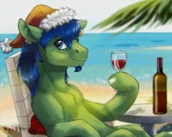 Size: 1280x1024 | Tagged: safe, oc, oc only, oc:captain clop, pony, alcohol, beach, beach chair, chair, christmas, drink, drinking, facial hair, glass, goatee, hat, holiday, island, santa hat, solo, wine, wine bottle, wine glass