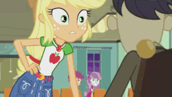 Size: 640x360 | Tagged: safe, screencap, applejack, cranky doodle donkey, scootaloo, sweetie belle, equestria girls, equestria girls series, g4, happily ever after party, animated, geode of super strength, happily ever after party: applejack, magical geodes, seductive, seductive pose, sexy