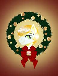 Size: 2550x3300 | Tagged: safe, artist:flutterluv, feather bangs, earth pony, pony, g4, bust, christmas wreath, grin, high res, lidded eyes, male, portrait, smiling, solo, stallion, wreath