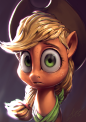 Size: 765x1080 | Tagged: safe, artist:assasinmonkey, applejack, earth pony, pony, g4, bandana, bust, chromatic aberration, cowboy hat, digital painting, female, frown, hat, horrified, i've seen some shit, looking at you, mare, portrait, solo, stetson, wide eyes