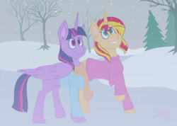 Size: 1024x729 | Tagged: safe, artist:dietzombiebait, sunset shimmer, twilight sparkle, alicorn, pony, unicorn, g4, clothes, female, lesbian, looking up, scarf, ship:sunsetsparkle, shipping, smiling, snow, snowfall, spruce tree, sweater, tree, twilight sparkle (alicorn), winter