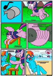 Size: 1233x1746 | Tagged: safe, artist:otakon, rainbow dash, twilight sparkle, alicorn, pegasus, pony, comic:love in the clouds, g4, anatomically incorrect, blowing whistle, bonnie tyler, comic, exercise, female, incorrect leg anatomy, lesbian, patreon, rainblow dash, ship:twidash, shipping, training, twilight sparkle (alicorn), weights, whistle, wing hands