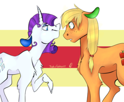 Size: 1100x900 | Tagged: safe, artist:thebirbdraws, applejack, rarity, g4, female, lesbian, looking at each other, ship:rarijack, shipping