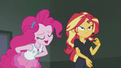 Size: 1280x720 | Tagged: safe, screencap, pinkie pie, sunset shimmer, all the world's off stage, all the world's off stage: pinkie pie, equestria girls, g4, my little pony equestria girls: better together, animated, cute, diapinkes, director shimmer, female, geode of sugar bombs, hug, magical geodes, no sound, shimmerbetes, shipping fuel, webm
