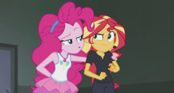 Size: 1366x735 | Tagged: safe, screencap, pinkie pie, sunset shimmer, all the world's off stage, all the world's off stage: pinkie pie, equestria girls, g4, my little pony equestria girls: better together, :o, armpits, black pants, black shirt, clothes, cute, diapinkes, earpiece, geode of sugar bombs, hairband, hand on shoulder, jewelry, looking at each other, looking at someone, magical geodes, necklace, open mouth, shimmerbetes, sleeveless, smug, tank top