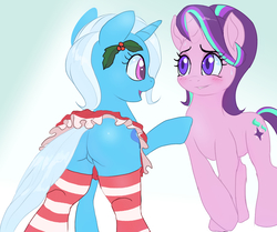 Size: 1400x1168 | Tagged: safe, alternate version, artist:grissaecrim, starlight glimmer, trixie, pony, unicorn, g4, adorasexy, blushing, butt, clothes, cute, featureless crotch, female, holly, lesbian, mare, plot, rear view, sexy, ship:startrix, shipping, smiling, socks, striped socks