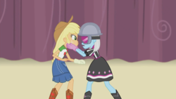 Size: 1366x768 | Tagged: safe, screencap, applejack, photo finish, constructive criticism, constructive criticism: photo finish, equestria girls, g4, my little pony equestria girls: better together, bandage, boots, clothes, gloves, goggles, hard hat, helmet, injured, shipping fuel, shoes