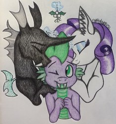 Size: 1459x1559 | Tagged: safe, artist:raritylover152, rarity, spike, thorax, changeling, dragon, pony, unicorn, g4, and then spike was bi, bisexual, bisexual male, fangs, female, gay, gay in front of girls, kiss on the head, kiss sandwich, kissing, male, mistleholly, polyamory, ship:sparity, ship:thoraxspike, shipping, spikelove, sternocleidomastoid, straight, traditional art, trio