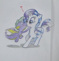 Size: 428x442 | Tagged: safe, artist:hillbe, rarity, spike, dragon, pony, unicorn, g4, molt down, blushing, duo, female, heart, kiss on the lips, kissing, male, mare, relativity, ship:sparity, shipping, spoiler, straight, surprise kiss, traditional art, winged spike, wings