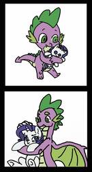 Size: 690x1280 | Tagged: safe, artist:crystallex, artist:kianamai, color edit, edit, rarity, spike, dragon, g4, 2 panel comic, colored, comic, cute, female, kianamai is trying to murder us, male, older, older spike, plushie, raribetes, ship:sparity, shipping, size difference, spikabetes, straight, weapons-grade cute, winged spike, wings