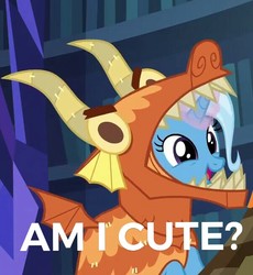 Size: 602x655 | Tagged: safe, edit, edited screencap, screencap, trixie, pony, unicorn, g4, uncommon bond, bronybait, clothes, costume, cropped, cute, diatrixes, dragon costume, female, glowing horn, horn, mare, smiling, solo