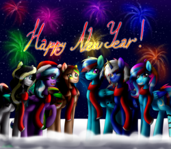 Size: 2148x1877 | Tagged: safe, artist:lada03, oc, oc only, bat pony, pegasus, pony, unicorn, bat pony oc, christmas, clothes, female, fireworks, happy new year, hat, holiday, looking at you, male, mare, santa hat, scarf, smiling, snow, stallion