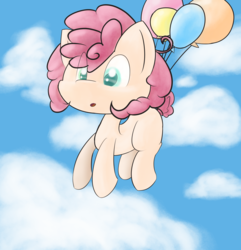 Size: 4232x4384 | Tagged: safe, artist:brsajo, oc, oc only, earth pony, pony, absurd resolution, balloon, cloud, female, filly, floating, looking down, offspring, parent:pinkie pie, sky, solo