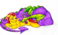 Size: 1024x617 | Tagged: artist needed, safe, apple bloom, spike, dragon, earth pony, pony, g4, blushing, cuddling, cutie mark, female, interspecies, male, mommabloom, older, older apple bloom, older spike, ponies breeding dragons, pregnant, ship:spikebloom, shipping, straight, the cmc's cutie marks, traditional art
