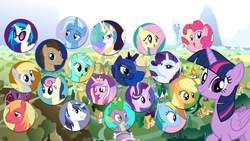 Size: 2048x1152 | Tagged: safe, applejack, big macintosh, bon bon, derpy hooves, dj pon-3, doctor whooves, fluttershy, lyra heartstrings, pinkie pie, princess cadance, princess celestia, princess luna, rainbow dash, rarity, shining armor, spike, starlight glimmer, sweetie drops, time turner, trixie, twilight sparkle, vinyl scratch, alicorn, dragon, earth pony, pegasus, pony, unicorn, g4, female, male, mane seven, mane six, mare, stallion