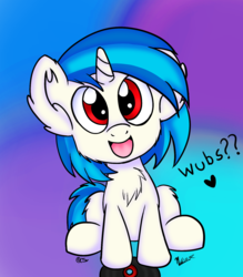 Size: 1400x1600 | Tagged: safe, artist:chicasparkle, artist:viejillox64art, dj pon-3, vinyl scratch, pony, g4, adorable face, chest fluff, chibi, collaboration, cute, ear fluff, female, looking at you, smiling, solo, talking to viewer, vinylbetes, waifu, wrong eye color