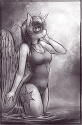 Size: 1313x2000 | Tagged: safe, artist:bantha, twilight sparkle, alicorn, anthro, g4, blushing, breasts, clothes, female, grayscale, legs in the water, legs together, mare, monochrome, one-piece swimsuit, open-back swimsuit, solo, swimsuit, twilight sparkle (alicorn)