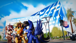 Size: 3500x2000 | Tagged: safe, artist:ruhisu, oc, oc only, oc:koi fish, koi, pegasus, pony, unicorn, city hall, high res, las vegas