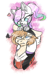 Size: 2480x3507 | Tagged: safe, artist:red_moonwolf, oc, oc only, oc:winter aurora, oc:zone blitz, deer, pony, annoyed, beanie, clothes, cute, duo, facial hair, female, hat, heart, high res, hoodie, male, piggyback ride, ponytail, smol, socks