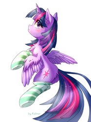 Size: 1280x1707 | Tagged: safe, artist:kaliner123, twilight sparkle, alicorn, pony, g4, butt fluff, chest fluff, clothes, female, fluffy, kneesocks, mare, simple background, socks, solo, striped socks, twilight sparkle (alicorn), white background