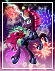 Size: 3000x3856 | Tagged: safe, artist:gray--day, fizzlepop berrytwist, tempest shadow, pony, g4, my little pony: the movie, armor, broken horn, electricity, eye scar, female, fireworks, fizzlepop's fireworks, hat, high res, horn, mare, open mouth, party hat, party horn, rearing, scar, solo