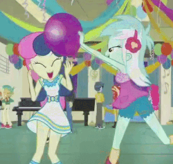 Size: 452x428 | Tagged: safe, screencap, bon bon, flash sentry, lyra heartstrings, micro chips, pinkie pie, snails, snips, sunset shimmer, sweetie drops, equestria girls, g4, happily ever after party, happily ever after party: rarity, my little pony equestria girls: better together, adorabon, amused, animated, balloon, bon bon is amused, cute, duo focus, eyes closed, female, gif, grin, laughing, lyra is amused, lyrabetes, male, open mouth, open smile, party, precious, rubbing, shipping fuel, smiling, static electricity