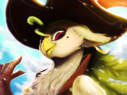 Size: 1923x1439 | Tagged: safe, artist:moondreamer16, captain celaeno, parrot, anthro, g4, my little pony: the movie, female, hat, pirate hat, smiling, solo