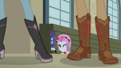 Size: 1280x720 | Tagged: safe, screencap, applejack, photo finish, violet blurr, constructive criticism, constructive criticism: photo finish, equestria girls, g4, my little pony equestria girls: better together, apple, boots, cowboy boots, food, legs, one eye closed, pictures of legs, shoes, wink