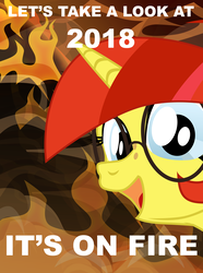 Size: 3728x5000 | Tagged: safe, artist:aaronmk, oc, oc only, oc:lefty pony, pony, unicorn, 2018, female, fire, freckles, glasses, looking at you, mare, new years eve, on fire, open mouth, smiling, solo