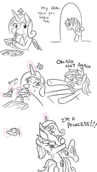 Size: 577x1024 | Tagged: safe, artist:jargon scott, princess cadance, shining armor, pony, comic, derp, dialogue, eating, female, food, glowing horn, gorph, holding a pony, lactose intolerant, magic, majestic as fuck, male, peetzer, pizza, royal princessy duties, shiningcadance, shipping, simple background, straight, telekinesis, that pony sure does love pizza, this will end in diarrhea, this will end in farts, white background
