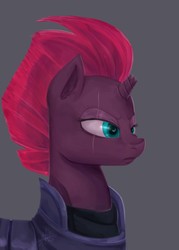Size: 1001x1401 | Tagged: safe, artist:riukime, tempest shadow, pony, unicorn, g4, my little pony: the movie, armor, broken horn, eye scar, female, frown, horn, mare, scar, simple background, solo