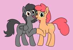 Size: 1696x1159 | Tagged: safe, artist:wafflecakes, oc, oc only, oc:charcoal, oc:wafflecakes, earth pony, pegasus, pony, :p, cheek to cheek, holding hooves, looking at you, silly, simple background, tongue out