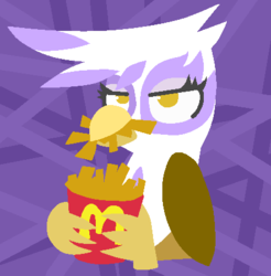Size: 439x447 | Tagged: safe, artist:threetwotwo32232, gilda, griffon, g4, eating, female, food, french fries, lineless, mcdonald's, solo